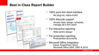 Best in Class Report Builder 100% pure thin client interface No plug-ins, native AJAX 100% lifecycle support Access data, design, schedule, manage all in thin client For interactive reporting Web-centric design  For production reporting Pixel-perfect documents Microsoft Office Integration Excel, PowerPoint, Word Microsoft Office 2003, 2007 & 2010 