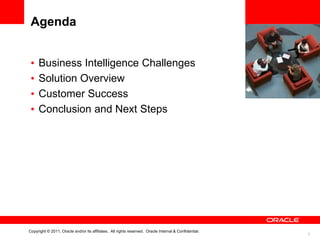 Agenda


 •   Business Intelligence Challenges
 •   Solution Overview
 •   Customer Success
 •   Conclusion and Next Steps




Copyright © 2011, Oracle and/or its affiliates. All rights reserved. Oracle Internal & Confidential.
                                                                                                       3
 