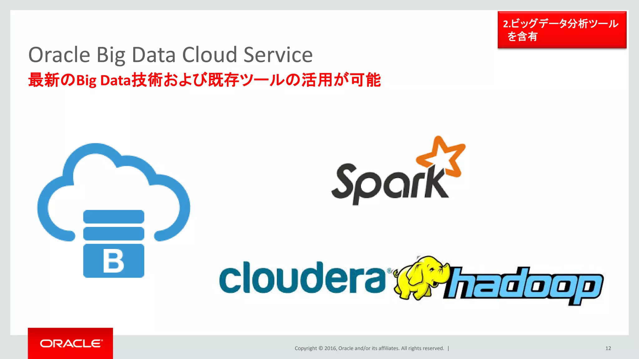 Copyright © 2016, Oracle and/or its affiliates. All rights reserved. |
Oracle Big Data Cloud Service
• 同一クラスター内に、Infinibandで接続されたEdgeノードを構築
– シンプルな設定、チェックのみのセットアップ
– セキュリティの設定も統合
– アプリケーション利用や、他のワークロードも実行可能
– EdgeノードともInfinibandで接続
• お客様専有環境で提供
12
専有環境のEdgeノードを増設可能
EdgeNodesPersistentNodes
1.多様なデータを専用
環境上にすぐに蓄積可能
 