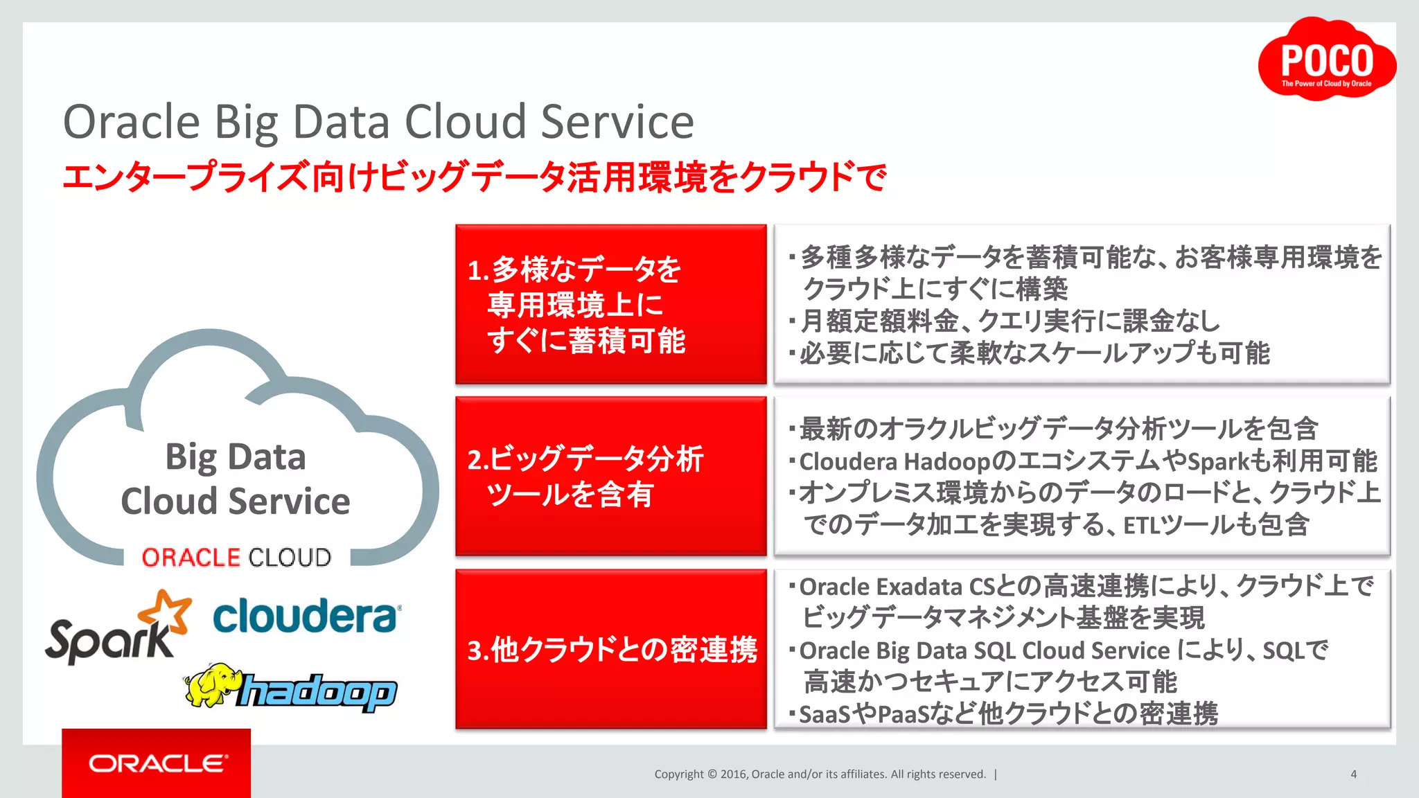 Copyright © 2016, Oracle and/or its affiliates. All rights reserved. |
Oracle IoT/Big Data and Analytics Cloud Solution
4
Data Factory
データの取得・処理
Data Management
データの蓄積
Data Analytics
データの分析
Action
アクション
Data Factory
データの取得・加工
Data Factory
データの取得・加工
Data Factory
データの取得・加工
Data Factory
データの取得・加工
IoT
GoldenGate
Big Data
Preparation
Big Data Database
Marketing WebSite
Application
NoSQL
Storage
ERP
IoT Analytics
ストリー
ミング
バッチ/セミストリーミング
Data Factory
データの取得・加工
R
on Hadoop (**)
Big Data
Discovery
Spark
on Hadoop (**)
Spatial and Graph
on Hadoop (**)
BI
R
in Database(*)
Spatial and Graph
in Database (*)
SQL
Big Data SQL
and other Paas,SaaS
Data Lab
試行錯誤と検証
Data
Integration
(*) Database Cloud Service EE Extreme Performanceに含みます (**) Big Data Cloud Service に含みます
Event Hub
Big Data
Compute
Mobile
Machine
Learning (*)
Data
Visualization
 