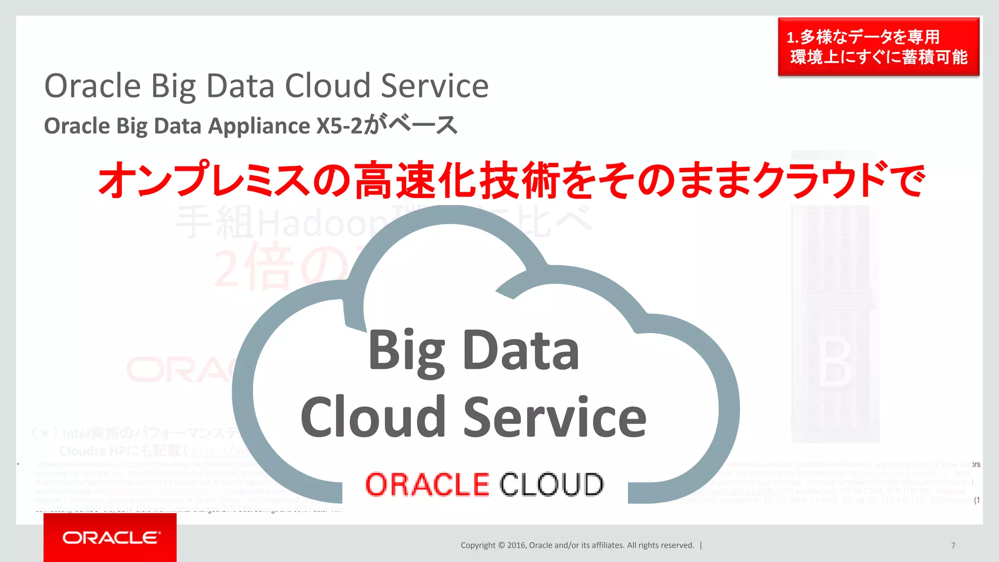 Copyright © 2016, Oracle and/or its affiliates. All rights reserved. |
Oracle Big Data Cloud Service
高パフォーマンスな専用環境をすぐに活用可能
7
• 専用環境
– ハイパフォーマンスを実現するための専用環境
– Hadoopエンタープライズ実績の豊富なCloudera搭載
• 可用性
– 3ノード（96 OCPUs、144TB） から
– 必要に応じて、１ノードからスケールアップ可能
• 数クリックで構築
– 複雑で面倒なHadoop環境を数クリックで構築
• セキュア
– ケルベロス認証やApache Sentryといったセキュアな
Hadoop クラスタ環境を数クリックで構築
– データの暗号化
1.多様なデータを専用
環境上にすぐに蓄積可能
Big Data
Cloud Service
 