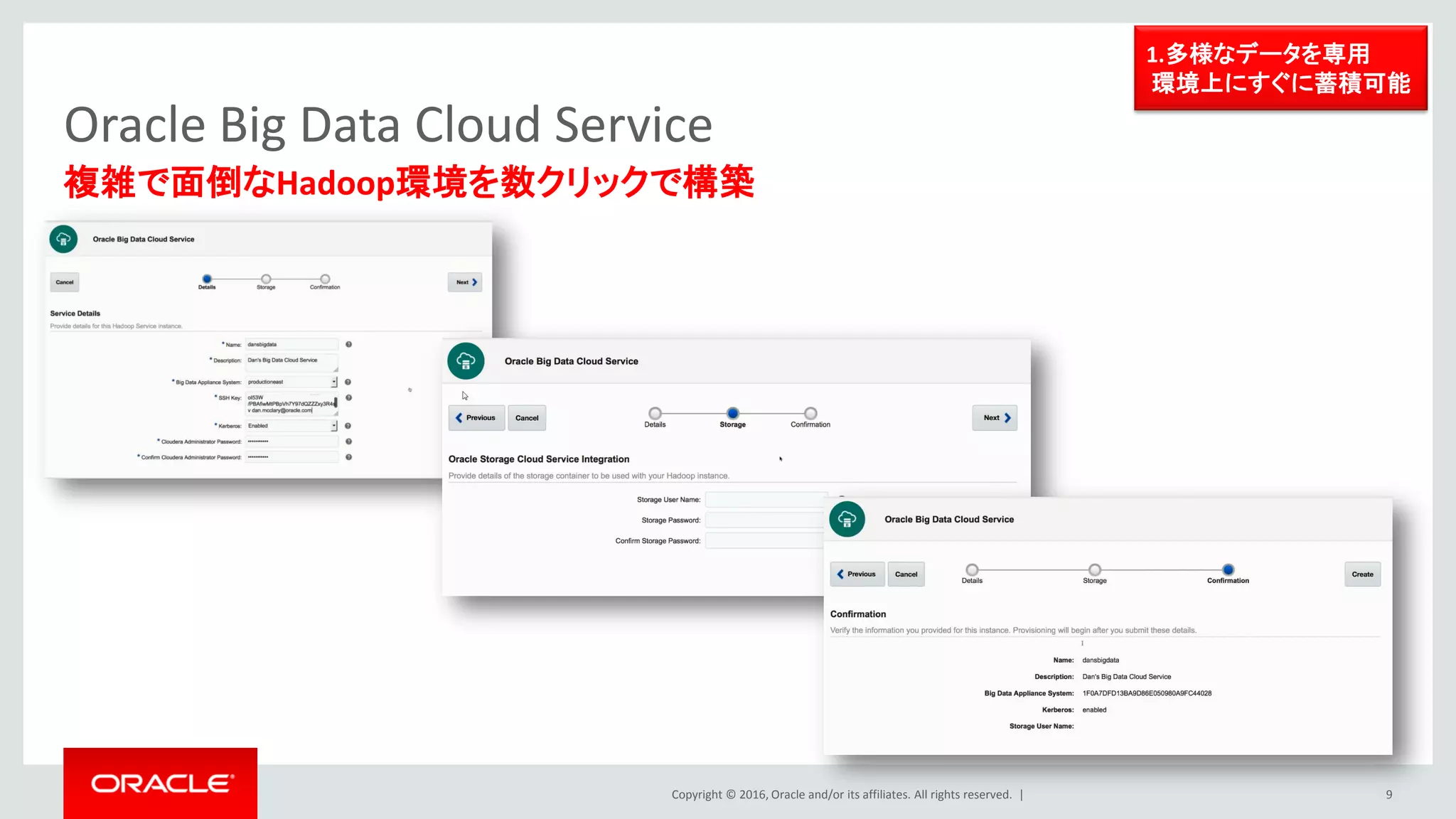 Copyright © 2016, Oracle and/or its affiliates. All rights reserved. |
Oracle Big Data Cloud Service
複雑で面倒なHadoop環境を数クリックで構築
9
1.多様なデータを専用
環境上にすぐに蓄積可能
 