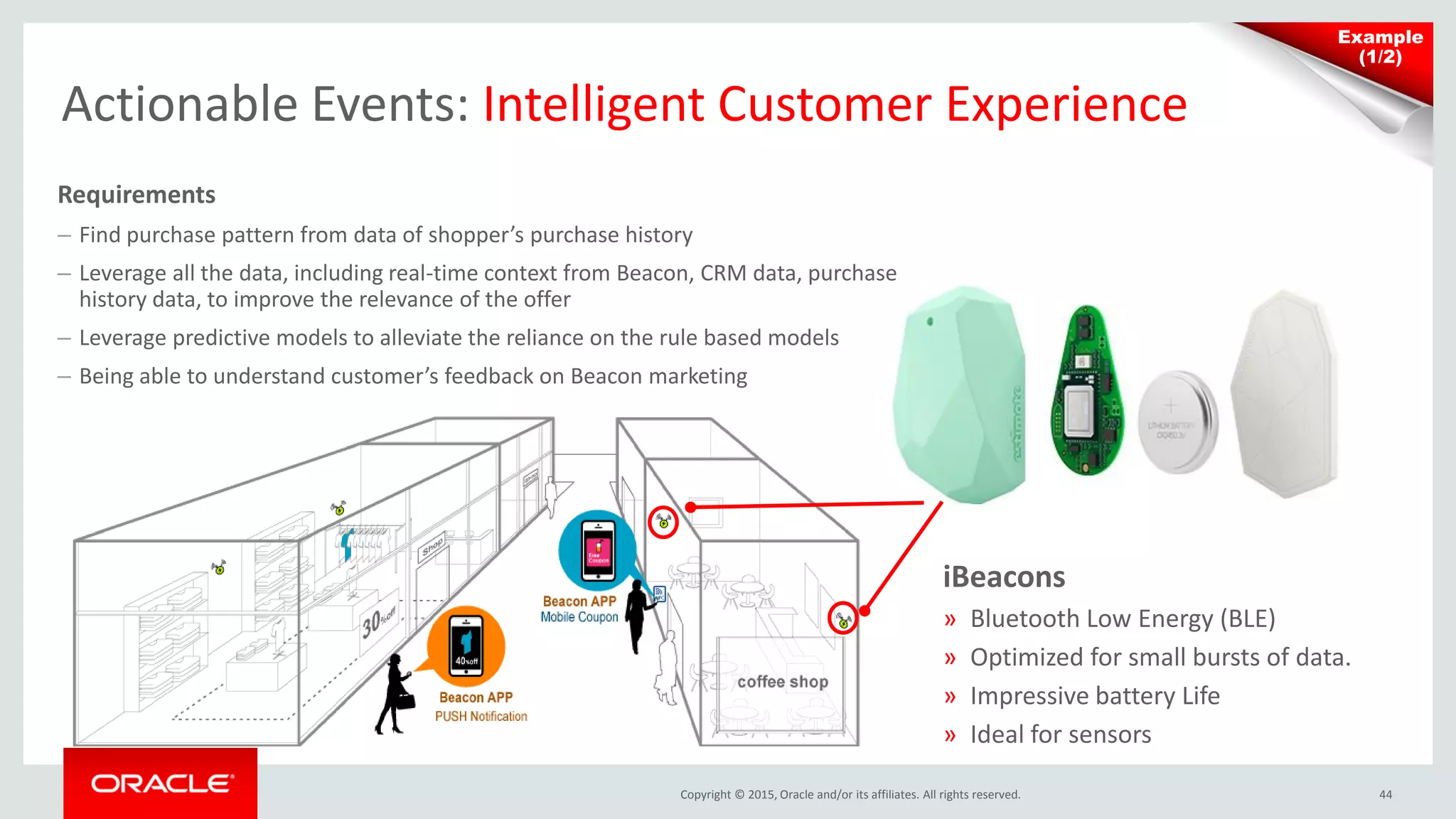 Copyright © 2015, Oracle and/or its affiliates. All rights reserved. 44
Actionable Events: Intelligent Customer Experience
iBeacons
» Bluetooth Low Energy (BLE)
» Optimized for small bursts of data.
» Impressive battery Life
» Ideal for sensors
Requirements
– Find purchase pattern from data of shopper’s purchase history
– Leverage all the data, including real-time context from Beacon, CRM data, purchase
history data, to improve the relevance of the offer
– Leverage predictive models to alleviate the reliance on the rule based models
– Being able to understand customer’s feedback on Beacon marketing
Example
(1/2)
 