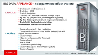 Copyright © 2015, Oracle and/or its affiliates. All rights reserved. | Oracle Confidential – Internal28
• Oracle Linux 5 или Oracle Linux 6
• Oracle Java – JDK 8
• Oracle R Distribution
• Oracle Big Data Appliance Enterprise Manager Plug-In
• Big Data SQL (опционально, лицензируется отдельно)
• Big Data Discovery (опционально, лицензируется отдельно)
• Oracle NoSQL Database Enterprise Edition
(опционально, лицензируется отдельно)
• Cloudera Enterprise 5 – Data Hub Edition
• Cloudera’s Distribution including Apache Hadoop (CDH) with
support for YARN and MR2
• Cloudera Impala
• HBase (as well as support for Accumulo)
• Cloudera Search
• Apache Spark
• Cloudera Manager including:
• Cloudera Back-up and Disaster Recovery (BDR)
• Cloudera Navigator
BIG DATA APPLIANCE – программное обеспечение
 