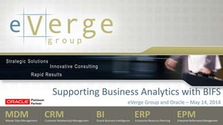 Strategic Solutions
Innovative Consulting
Rapid Results
eVerge Group and Oracle – May 14, 2014
Supporting Business Analytics with BIFS
 