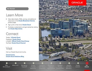 Why
Blockchain?
Recognize
Yourself?
Create
Trusted
Networks
Develop or
Integrate
Applications
Conduct
Private
Transactions
Simple
Console
Get
Started
What is It? Automate
with Smart
Contracts
Rapidly
Add New
Members
Get Started
Learn More
•	 View data sheets, FAQs, pricing, and additional
resources on the Oracle Blockchain Service
product page.
•	 Sign up for a free trial at Oracle Cloud.
•	 Purchase a subscription and get started by visiting
the Oracle Help Center.
Connect
Twitter: @Oracle Cloud
Facebook: Oracle Cloud
LinkedIn: Official Oracle Cloud Group
YouTube: Oracle Cloud Channel
Visit
Visit our Oracle Cloud community.
Oracle Events
Oracle Cloud Solutions Blog
 