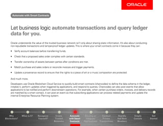 Why
Blockchain?
Recognize
Yourself?
Create
Trusted
Networks
Develop or
Integrate
Applications
Conduct
Private
Transactions
Simple
Console
Get
Started
What is It? Automate
with Smart
Contracts
Rapidly
Add New
Members
Let business logic automate transactions and query ledger
data for you.
Oracle understands the value of the trusted business network isn’t only about sharing static information. It’s also about conducting
non-repudiable transactions and tamper-proof ledger updates.This is where your smart contracts come in because they can:
•	 Verify account balances before transferring funds.
•	 Check that a proposed sales order complies with certain standards.
•	 Transfer ownership of assets between parties after conditions are met.
•	 Match purchase and sales orders or reconcile invoices and trigger payments.
•	 Update a provenance record to ensure that the rights to a piece of art or a music composition are protected.
And much more.
Developers use Oracle Blockchain Cloud Service to quickly build smart contracts (chaincodes) to define the data schema in the ledger,
initialize it, perform updates when triggered by applications, and respond to queries. Chaincodes can also post events that allow
applications to be notified and perform downstream operations. For example, when certain purchase orders, invoices, and delivery records
are matched by a smart contact, it can post an event so that subscribing applications can process related payments and update the
internal Enterprise Resource Planning system.
Automate with Smart Contracts
 