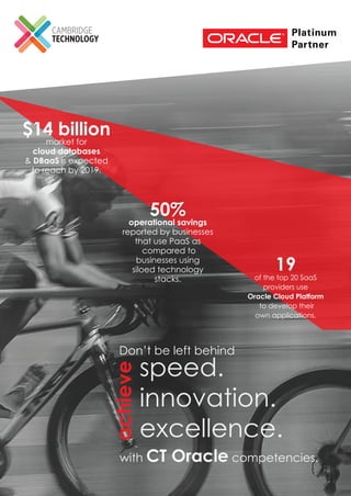 speed.
innovation.
excellence.
achieve
with CT Oracle competencies.
Don’t be left behind
$14 billion
market for
cloud databases
& DBaaS is expected
to reach by 2019.
50%
operational savings
reported by businesses
that use PaaS as
compared to
businesses using
siloed technology
stacks.
19
of the top 20 SaaS
providers use
Oracle Cloud Platform
to develop their
own applications.
 