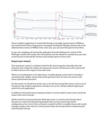 If your analytics application is consistently having a very high response time (>1000ms)
you should check if there long queries running by checking the Manage Sessions link in the
administration section of OBIEE. If this is the case, you can cancel the queries from there.
In any case, stopping and starting the application from the deployments section of the
WebLogic console will usually solve the problem, but this should be considered as your last
resort because it will end the sessions and running reports of your users.
Request (per minute)
The request per minute is somehow related to the processing time. Basically when the
response time is high, the number of requests per minute will decrease as the system will
be able to process less request in the same time.
What we are looking here is for high values. A sudden plunge on this metric normally is
associated with a higher system load at that particular time. If it does not recover, will
mean a performance decrease.
For this metric we should also do the same as for the Processing Time above, and in case of
having not only analytics application running in our server, add the related target based
metrics for each application.
In addition to the performance summary monitor it can be useful in some case to check the
status of the server threads.
All the work that is processed by the WebLogic server is carried out by threads, these
threads are created and disposed depending of the current system load and the
configuration of our server. Once a thread is created it will be in standby status until a work
manager assigns some work to it. At this point of time the thread will be considered active
until it finishes the job.
 