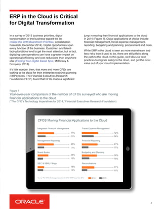 ERP in the Cloud is Critical
for Digital Transformation
In a survey of 2015 business priorities, digital
transformation of the business topped the list
(Inside the 2015 Boardroom Priorities, Constellation
Research, December 2014). Digital opportunities span
every function of the business. Customer- and talent-
facing functions tend to get the most attention, but in fact,
digitizing core operations can have a greater impact on
operational efficiency and cost-reductions than anywhere
else (Finding Your Digital Sweet Spot, McKinsey &
Company, 2013).
It’s little wonder, then, that more and more CFOs are
looking to the cloud for their enterprise resource planning
(ERP) needs. The Financial Executives Research
Foundation (FERF) found that CFOs made a significant
2
jump in moving their financial applications to the cloud
in 2014 (Figure 1). Cloud applications of choice include
financial management, travel expense management,
reporting, budgeting and planning, procurement and more.
While ERP in the cloud is seen as more mainstream and
less risky than it used to be, there are still pitfalls along
the path to the cloud. In this guide, we’ll discuss best
practices to migrate safely to the cloud, and get the most
value out of your cloud implementation.
Year-over-year comparison of the number of CFOs surveyed who are moving
financial applications to the cloud
(“The CFO’s Technology Imperatives for 2014,” Financial Executives Research Foundation)
Figure 1
CFOS Moving Financial Applications to the Cloud
28%
18%
38%
31%
10%
12%
47% 42%
21% 36%
45% 41%
17% 17%
19%
11%
Integrated Financial Management
Source: “The CFO’s Technology Imperatives for 2014, “FERF Issue Alert, 2014.
Management Reporting
Board Books
SEC & XBRL Filings
Travel Expense Management
Financial Reporting
Budgeting and Planning
Reconciliations
2014 2013
 