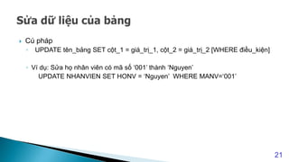  Cú pháp
◦ UPDATE tên_bảng SET cột_1 = giá_trị_1, cột_2 = giá_trị_2 [WHERE điều_kiện]
◦ Ví dụ: Sửa họ nhân viên có mã số ‘001’ thành ‘Nguyen’
UPDATE NHANVIEN SET HONV = ‘Nguyen’ WHERE MANV=‘001’
21
 
