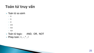  Toán tử so sánh
◦ =
◦ >
◦ <
◦ >=
◦ <=
◦ <>
 Toán tử logic: AND, OR, NOT
 Phép toán: +, - ,* , /
25
 
