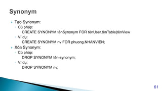  Tạo Synonym:
◦ Cú pháp:
CREATE SYNONYM tênSynonym FOR tênUser.tênTable|tênView
◦ Ví dụ:
CREATE SYNONYM nv FOR phuong.NHANVIEN;
 Xóa Synonym:
◦ Cú pháp:
DROP SYNONYM tên-synonym;
◦ Ví dụ:
DROP SYNONYM nv;
61
 