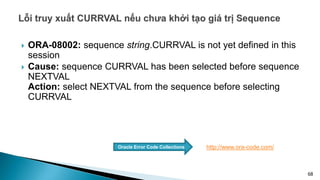  ORA-08002: sequence string.CURRVAL is not yet defined in this
session
 Cause: sequence CURRVAL has been selected before sequence
NEXTVAL
Action: select NEXTVAL from the sequence before selecting
CURRVAL
68
http://www.ora-code.com/
Oracle Error Code Collections
 