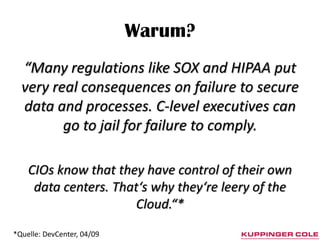 Warum?
  “Many regulations like SOX and HIPAA put
  very real consequences on failure to secure
  data and processes. C-level executives can
         go to jail for failure to comply.

    CIOs know that they have control of their own
     data centers. That‘s why they‘re leery of the
                       Cloud.“*
*Quelle: DevCenter, 04/09
 