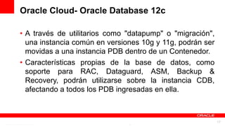 Oracle Cloud- Oracle Database 12c

• A través de utilitarios como "datapump" o "migración",
  una instancia común en versiones 10g y 11g, podrán ser
  movidas a una instancia PDB dentro de un Contenedor.
• Características propias de la base de datos, como
  soporte para RAC, Dataguard, ASM, Backup &
  Recovery, podrán utilizarse sobre la instancia CDB,
  afectando a todos los PDB ingresadas en ella.


            For Oracle employees and authorized partners only. Do not distribute to third parties.
                         © 2012 Oracle Corporation – Proprietary and Confidential                    17
 