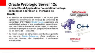 Oracle Weblogic Server 12c
 Oracle Cloud Application Foundation: Incluye
Tecnologías líderes en el mercado de
Oracle
• El servidor de aplicaciones número 1 del mundo para
  aplicaciones desarrolladas en lenguaje de secuencias de
  comandos y C/C++/Cobol, Oracle Tuxedo, proporciona una
  confiabilidad rentable y una escalabilidad extraordinaria,
  con hasta cientos de miles de transacciones por segundo,
  además de proteger la inversión, porque amplía la vida útil
  de los activos de TI existentes
• La mejor solución de computación distribuida en paralelo
  en memoria, Oracle Coherence, ofrece ampliación y
  reducción dinámica, alta disponibilidad y rendimiento
  extraordinario




                       For Oracle employees and authorized partners only. Do not distribute to third parties.
                                    © 2012 Oracle Corporation – Proprietary and Confidential                    29
 