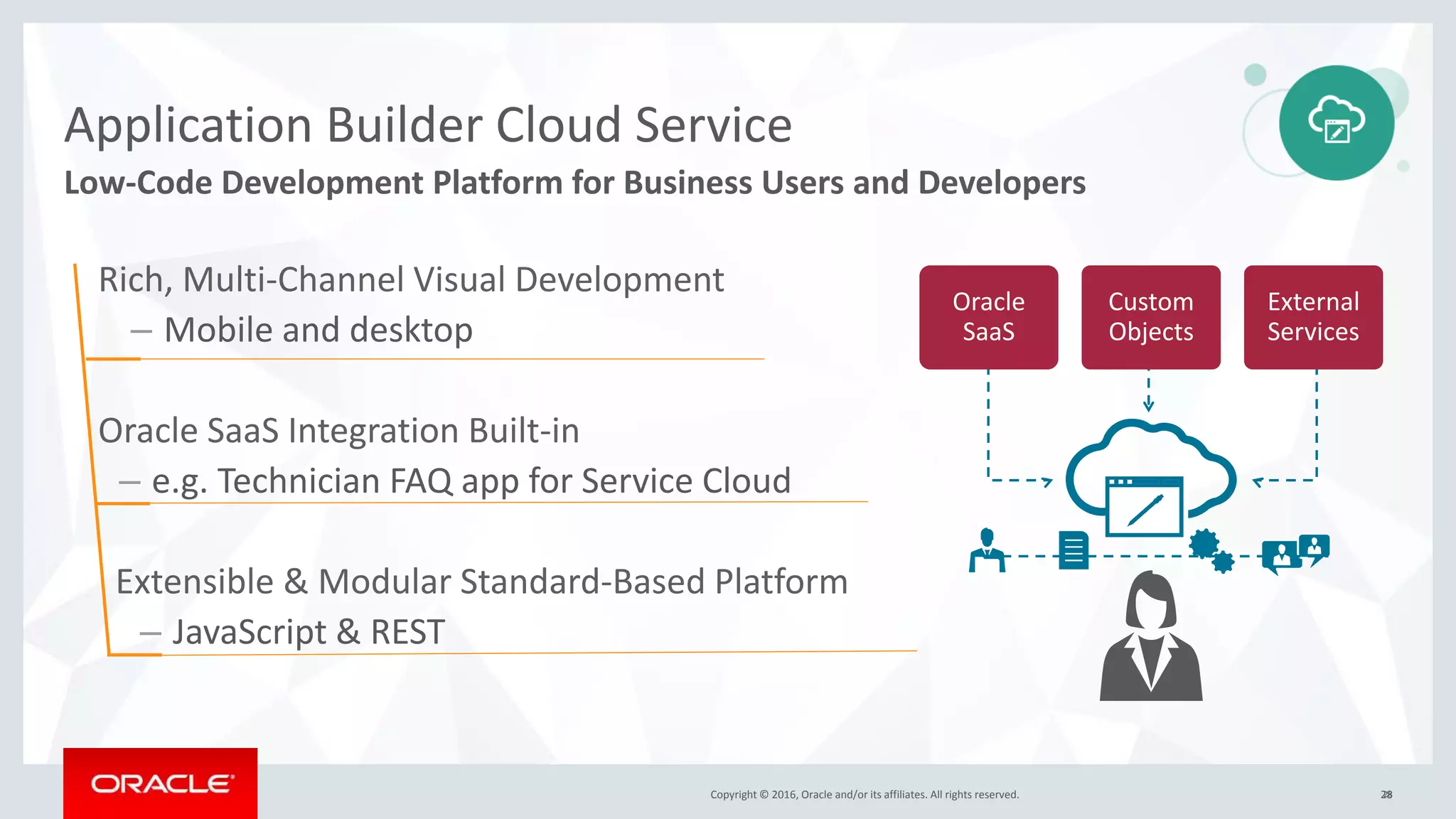 Copyright © 2016, Oracle and/or its affiliates. All rights reserved. 28Copyright © 2016, Oracle and/or its affiliates. All rights reserved. 28
Low-Code Development Platform for Business Users and Developers
Application Builder Cloud Service
Rich, Multi-Channel Visual Development
– Mobile and desktop
Oracle SaaS Integration Built-in
– e.g. Technician FAQ app for Service Cloud
Extensible & Modular Standard-Based Platform
– JavaScript & REST
Oracle
SaaS
Custom
Objects
External
Services
 