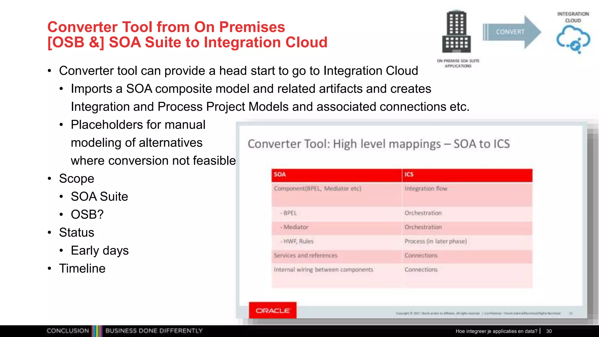 Converter Tool from On Premises
[OSB &] SOA Suite to Integration Cloud
• Converter tool can provide a head start to go to Integration Cloud
• Imports a SOA composite model and related artifacts and creates
Integration and Process Project Models and associated connections etc.
• Placeholders for manual
modeling of alternatives
where conversion not feasible
• Scope
• SOA Suite
• OSB?
• Status
• Early days
• Timeline
Hoe integreer je applicaties en data? 30
 