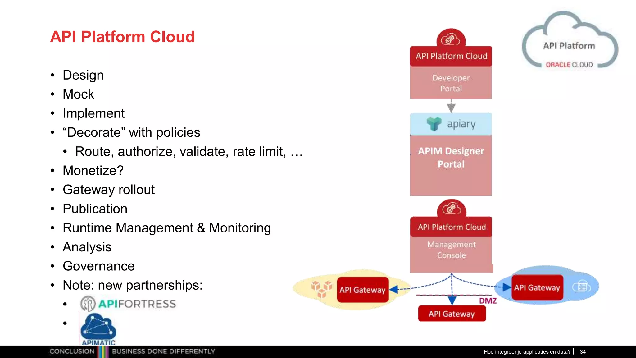 API Platform Cloud
• Design
• Mock
• Implement
• “Decorate” with policies
• Route, authorize, validate, rate limit, …
• Monetize?
• Gateway rollout
• Publication
• Runtime Management & Monitoring
• Analysis
• Governance
• Note: new partnerships:
•
•
Hoe integreer je applicaties en data? 34
 