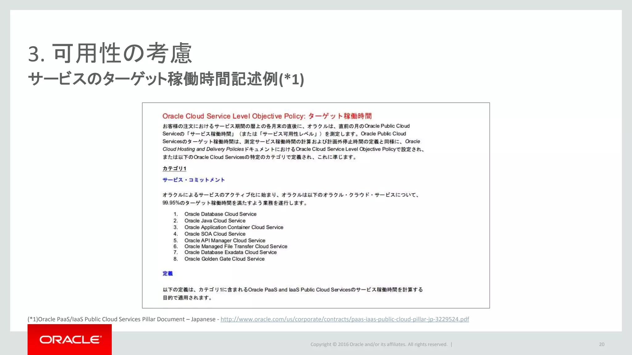 Copyright © 2016 Oracle and/or its affiliates. All rights reserved. |
3. 可用性の考慮
サービスのターゲット稼働時間記述例(*1)
20
(*1)Oracle PaaS/IaaS Public Cloud Services Pillar Document – Japanese - http://www.oracle.com/us/corporate/contracts/paas-iaas-public-cloud-pillar-jp-3229524.pdf
 