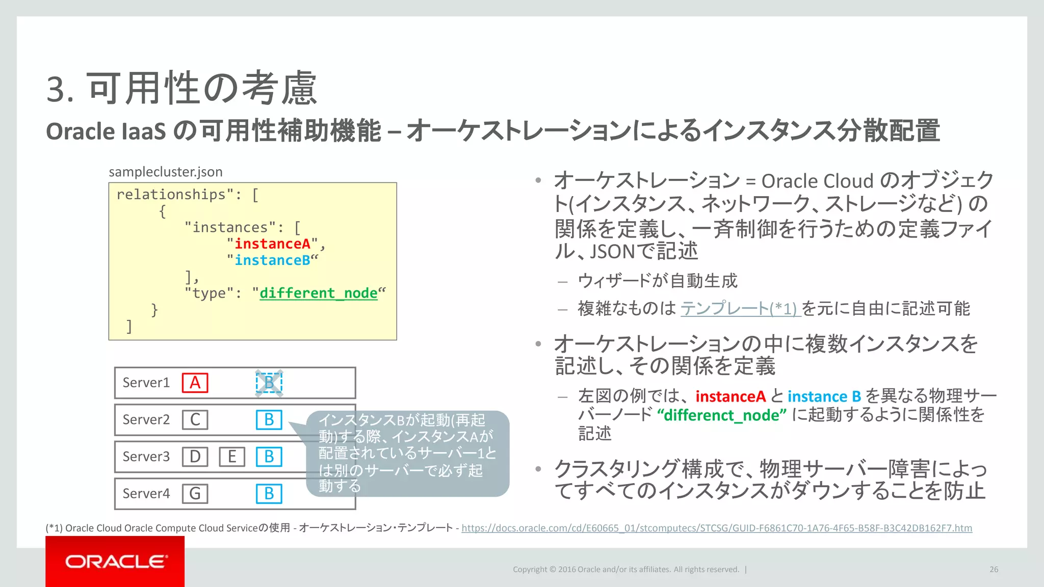 Copyright © 2016 Oracle and/or its affiliates. All rights reserved. |
Oracle IaaS の可用性補助機能 – オーケストレーションによるインスタンス分散配置
• オーケストレーション = Oracle Cloud のオブジェク
ト(インスタンス、ネットワーク、ストレージなど) の
関係を定義し、一斉制御を行うための定義ファイ
ル、JSONで記述
– ウィザードが自動生成
– 複雑なものは テンプレート(*1) を元に自由に記述可能
• オーケストレーションの中に複数インスタンスを
記述し、その関係を定義
– 左図の例では、 instanceA と instance B を異なる物理サー
バーノード “differenct_node” に起動するように関係性を
記述
• クラスタリング構成で、物理サーバー障害によっ
てすべてのインスタンスがダウンすることを防止
26
3. 可用性の考慮
relationships": [
{
"instances": [
"instanceA",
"instanceB“
],
"type": "different_node“
}
]
Server1 A
Server2
Server3
Server4
C
D
G
E
B
B
B
B
インスタンスBが起動(再起
動)する際、インスタンスAが
配置されているサーバー1と
は別のサーバーで必ず起
動する
samplecluster.json
(*1) Oracle Cloud Oracle Compute Cloud Serviceの使用 - オーケストレーション・テンプレート - https://docs.oracle.com/cd/E60665_01/stcomputecs/STCSG/GUID-F6861C70-1A76-4F65-B58F-B3C42DB162F7.htm
 