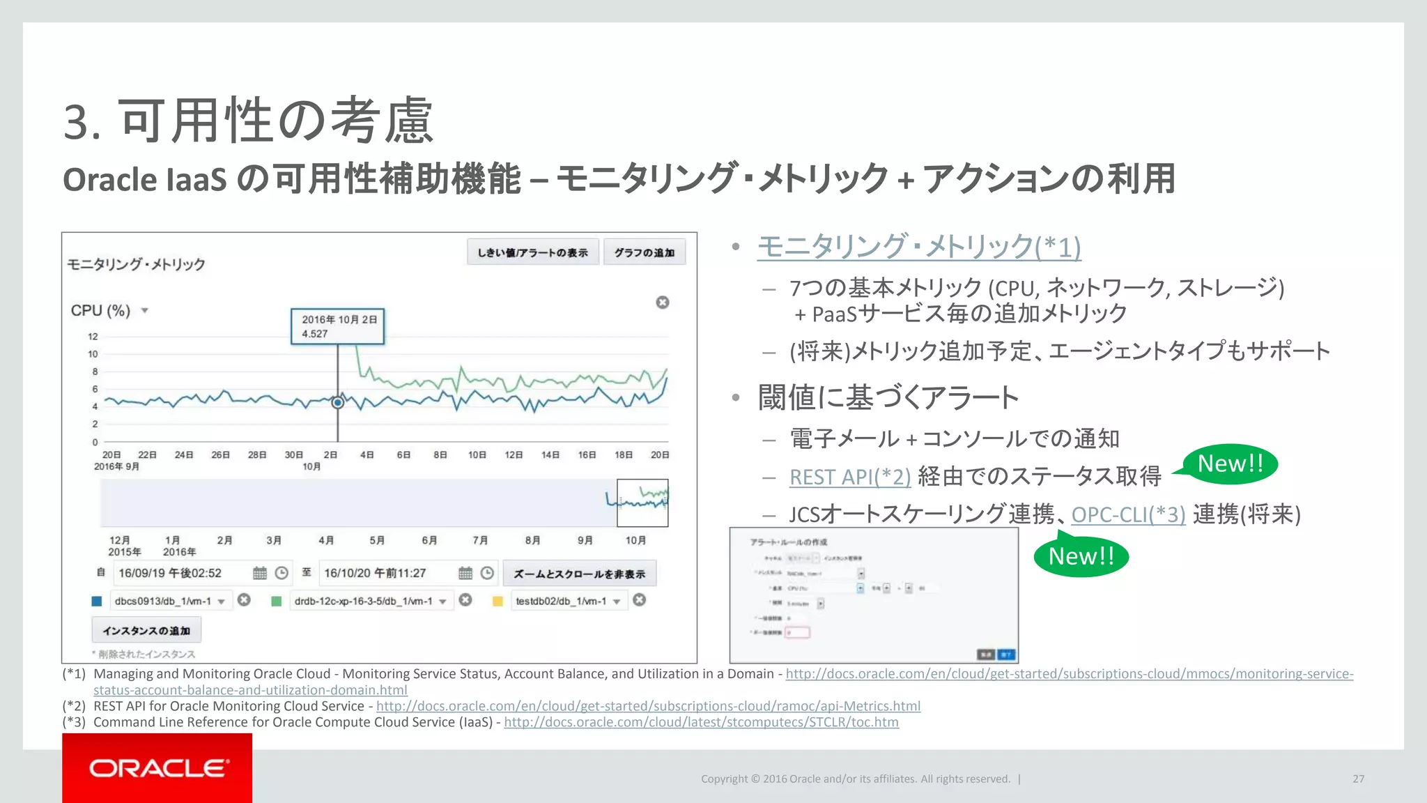 Copyright © 2016 Oracle and/or its affiliates. All rights reserved. |
Oracle IaaS の可用性補助機能 – モニタリング・メトリック + アクションの利用
27
3. 可用性の考慮
• モニタリング・メトリック(*1)
– 7つの基本メトリック (CPU, ネットワーク, ストレージ)
+ PaaSサービス毎の追加メトリック
– (将来)メトリック追加予定、エージェントタイプもサポート
• 閾値に基づくアラート
– 電子メール + コンソールでの通知
– REST API(*2) 経由でのステータス取得
– JCSオートスケーリング連携、OPC-CLI(*3) 連携(将来)
New!!
New!!
(*1) Managing and Monitoring Oracle Cloud - Monitoring Service Status, Account Balance, and Utilization in a Domain - http://docs.oracle.com/en/cloud/get-started/subscriptions-cloud/mmocs/monitoring-service-
status-account-balance-and-utilization-domain.html
(*2) REST API for Oracle Monitoring Cloud Service - http://docs.oracle.com/en/cloud/get-started/subscriptions-cloud/ramoc/api-Metrics.html
(*3) Command Line Reference for Oracle Compute Cloud Service (IaaS) - http://docs.oracle.com/cloud/latest/stcomputecs/STCLR/toc.htm
 
