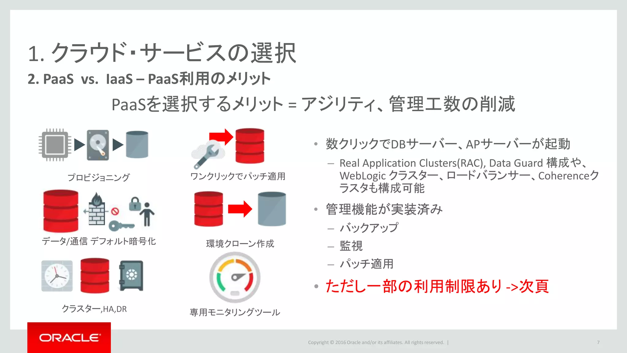 Copyright © 2016 Oracle and/or its affiliates. All rights reserved. |
1. クラウド・サービスの選択
2. PaaS vs. IaaS – PaaS利用のメリット
• 数クリックでDBサーバー、APサーバーが起動
– Real Application Clusters(RAC), Data Guard 構成や、
WebLogic クラスター、ロードバランサー、Coherenceク
ラスタも構成可能
• 管理機能が実装済み
– バックアップ
– 監視
– パッチ適用
• ただし一部の利用制限あり ->次頁
7
PaaSを選択するメリット = アジリティ、管理工数の削減
クラスター,HA,DR
ワンクリックでパッチ適用
データ/通信 デフォルト暗号化
プロビジョニング
専用モニタリングツール
環境クローン作成
 