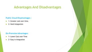 Advantages And Disadvantages
Public Cloud Disadvantages :
 1- Greater cost over time.
 2- Hard Integration
On-Premsise Advantages:
 1- Lower Cost over Time
 2- Easy in Integration
 