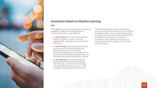 Automation Based on Machine Learning
As the flagship in Oracle’s growing set of autonomous
capabilities, Oracle Autonomous Database is
characterized by three unique attributes:
•	 It’s self-driving, which means it automatically
provisions, secures, monitors, tunes, and
upgrades itself—lowering costs and increasing
productivity.
•	 It’s self-securing, reducing risks by protecting
cloud resources from external attacks and
malicious internal users. This includes
automatically applying security patches with no
downtime, automatically encrypting all data, and
intercepting data leaks with preventive controls.
•	 It’s self-repairing, maximizing uptime and
productivity with 99.995 percent availability.
That’s less than 2.5 minutes of both planned
and unplanned downtime per month—while
completely eliminating administrative errors.
These attributes help you reduce administrative
costs by up to 80 percent and save up to 70 percent
of ongoing runtime costs by dynamically adjusting
and scaling resources. Oracle also reduces risk and
accelerates time to insight. For example, by
provisioning a data warehouse in seconds, you
can accelerate time to innovation, time to market,
and time to action.
 