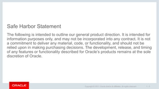1 - 3Copyright © 2017, Oracle and/or its affiliates. All rights reserved.
Safe Harbor Statement
The following is intended to outline our general product direction. It is intended for
information purposes only, and may not be incorporated into any contract. It is not
a commitment to deliver any material, code, or functionality, and should not be
relied upon in making purchasing decisions. The development, release, and timing
of any features or functionality described for Oracle’s products remains at the sole
discretion of Oracle.
 