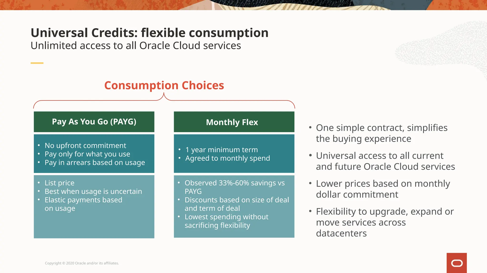 Copyright © 2020 Oracle and/or its affiliates.
Unlimited access to all Oracle Cloud services
Universal Credits: flexible consumption
Consumption Choices
Monthly Flex
• 1 year minimum term
• Agreed to monthly spend
• Observed 33%-60% savings vs
PAYG
• Discounts based on size of deal
and term of deal
• Lowest spending without
sacrificing flexibility
Pay As You Go (PAYG)
• No upfront commitment
• Pay only for what you use
• Pay in arrears based on usage
• List price
• Best when usage is uncertain
• Elastic payments based
on usage
• One simple contract, simplifies
the buying experience
• Universal access to all current
and future Oracle Cloud services
• Lower prices based on monthly
dollar commitment
• Flexibility to upgrade, expand or
move services across
datacenters
 