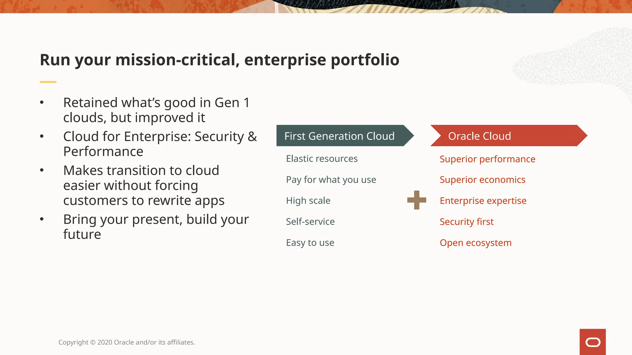Copyright © 2020 Oracle and/or its affiliates.
• Retained what’s good in Gen 1
clouds, but improved it
• Cloud for Enterprise: Security &
Performance
• Makes transition to cloud
easier without forcing
customers to rewrite apps
• Bring your present, build your
future
Run your mission-critical, enterprise portfolio
First Generation Cloud Oracle Cloud
Elastic resources
Pay for what you use
High scale
Self-service
Superior performance
Superior economics
Enterprise expertise
Security first
Easy to use Open ecosystem
 