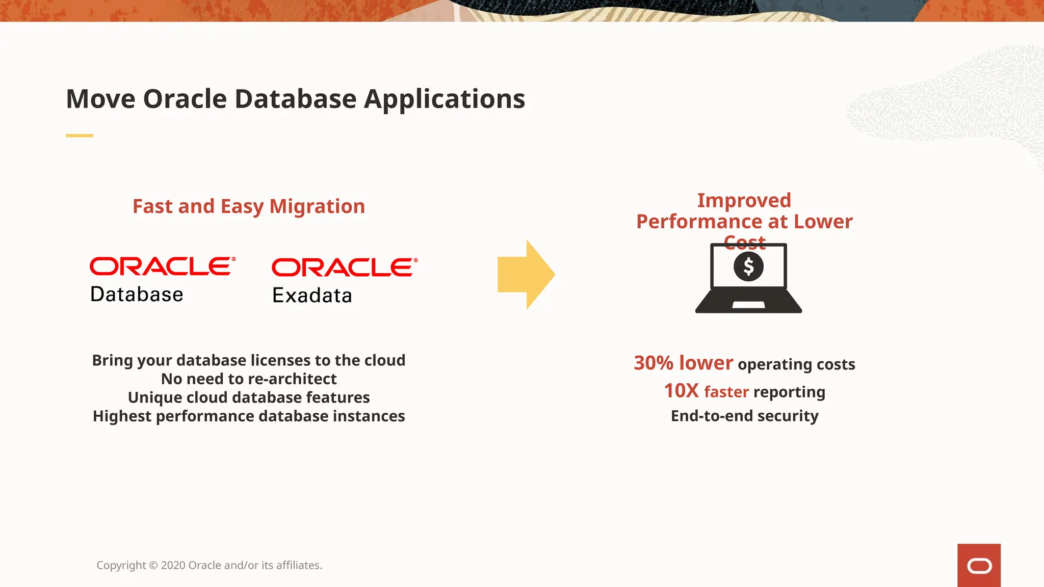 Copyright © 2020 Oracle and/or its affiliates.
Move Oracle Database Applications
Bring your database licenses to the cloud
No need to re-architect
Unique cloud database features
Highest performance database instances
Fast and Easy Migration Improved
Performance at Lower
Cost
30% lower operating costs
10X faster reporting
End-to-end security
 