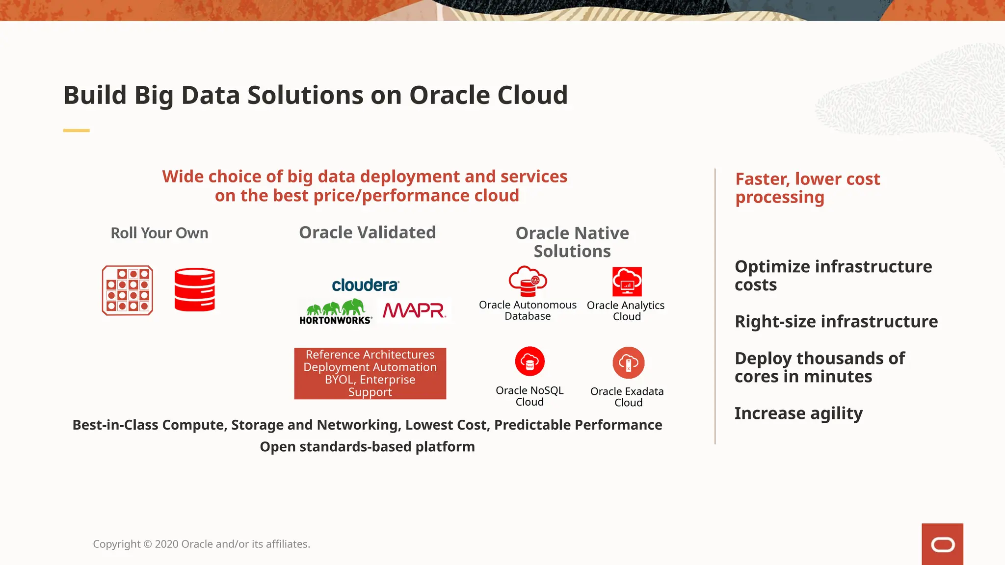 Copyright © 2020 Oracle and/or its affiliates.
Build Big Data Solutions on Oracle Cloud
Optimize infrastructure
costs
Right-size infrastructure
Deploy thousands of
cores in minutes
Increase agility
Faster, lower cost
processing
Best-in-Class Compute, Storage and Networking, Lowest Cost, Predictable Performance
Open standards-based platform
Wide choice of big data deployment and services
on the best price/performance cloud
Roll Your Own Oracle Validated
VM based Clusters and Nodes
Bare Metal Clusters and Nodes
Customer’s OCI
Account/Tenancy
Reference Architectures
Deployment Automation
BYOL, Enterprise
Support
Oracle Native
Solutions
Oracle NoSQL
Cloud
Oracle Exadata
Cloud
Oracle Analytics
Cloud
Oracle Autonomous
Database
 