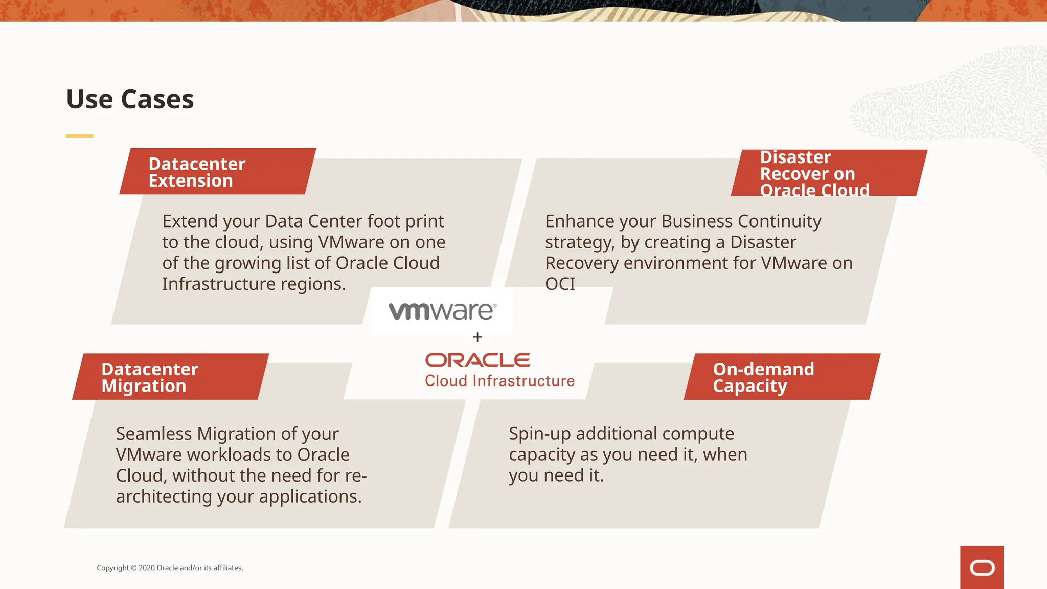 Copyright © 2020 Oracle and/or its affiliates.
Use Cases
On-demand
Capacity
Disaster
Recover on
Oracle Cloud
Datacenter
Migration
Datacenter
Extension
+
Extend your Data Center foot print
to the cloud, using VMware on one
of the growing list of Oracle Cloud
Infrastructure regions.
Seamless Migration of your
VMware workloads to Oracle
Cloud, without the need for re-
architecting your applications.
Spin-up additional compute
capacity as you need it, when
you need it.
Enhance your Business Continuity
strategy, by creating a Disaster
Recovery environment for VMware on
OCI
 