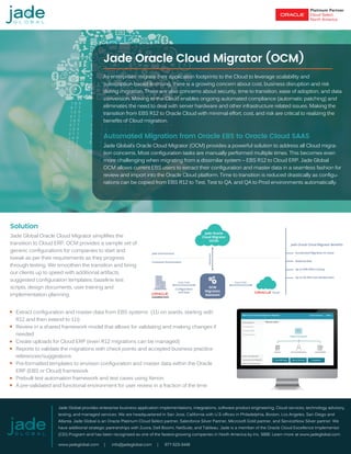 Jade Oracle Cloud Migrator (OCM)
Automated Migration from Oracle EBS to Oracle Cloud SAAS
Jade Global provides enterprise business application implementations, integrations, software product engineering, Cloud services, technology advisory,
testing, and managed services. We are headquartered in San Jose, California with U.S offices in Philadelphia, Boston, Los Angeles, San Diego and
Atlanta. Jade Global is an Oracle Platinum Cloud Select partner, Salesforce Silver Partner, Microsoft Gold partner, and ServiceNow Silver partner. We
have additional strategic partnerships with Zuora, Dell Boomi, NetSuite, and Tableau. Jade is a member of the Oracle Cloud Excellence Implementor
(CEI) Program and has been recognized as one of the fastest-growing companies in North America by Inc. 5000. Learn more at www.jadeglobal.com.
www.jadeglobal.com | info@jadeglobal.com | 877-523-3448
As enterprises migrate their application footprints to the Cloud to leverage scalability and
subscription-based licensing, there is a growing concern about cost, business disruption and risk
during migration. There are also concerns about security, time to transition, ease of adoption, and data
conversion. Moving to the Cloud enables ongoing automated compliance (automatic patching) and
eliminates the need to deal with server hardware and other infrastructure related issues. Making the
transition from EBS R12 to Oracle Cloud with minimal effort, cost, and risk are critical to realizing the
benefits of Cloud migration.
Jade Global’s Oracle Cloud Migrator (OCM) provides a powerful solution to address all Cloud migra-
tion concerns. Most configuration tasks are manually performed multiple times. This becomes even
more challenging when migrating from a dissimilar system – EBS R12 to Cloud ERP. Jade Global
OCM allows current EBS users to extract their configuration and master data in a seamless fashion for
review and import into the Oracle Cloud platform. Time to transition is reduced drastically as configu-
rations can be copied from EBS R12 to Test, Test to QA, and QA to Prod environments automatically.
Solution
Jade Global Oracle Cloud Migrator simplifies the
transition to Cloud ERP. OCM provides a sample set of
generic configurations for companies to start and
tweak as per their requirements as they progress
through testing. We smoothen the transition and bring
our clients up to speed with additional artifacts,
suggested configuration templates, baseline test
scripts, design documents, user training and
implementation planning.
Extract configuration and master data from EBS systems (11i on wards, starting with
R12 and then extend to 11i)
Review in a shared framework model that allows for validating and making changes if
needed
Create uploads for Cloud ERP (even R12 migrations can be managed)
Reports to validate the migrations with check points and accepted business practice
references/suggestions
Pre-formatted templates to envision configuration and master data within the Oracle
ERP (EBS or Cloud) framework
Prebuilt test automation framework and test cases using Xenon
A pre-validated and functional environment for user review in a fraction of the time
- - - - - - - - - - - - - - - - - - - - - - - - - - - - - - - - - - - - - - - - - - - - - - - - - - - - - - - - - - - - - - - - - -
Jade Oracle
Cloud Migrator
(OCM)
OCM
Migration
Assistant
Metadata
Jade Environment
Conﬁguration
and Data
Customer Environment
Data Path Data Path
Cloud
Jade Oracle Cloud Migrator Beneﬁts
Accelerated Migration to Cloud
Reduced Risk
Up to 50% Eﬀort Saving
Up to 20-30% Cost Reeducation
 