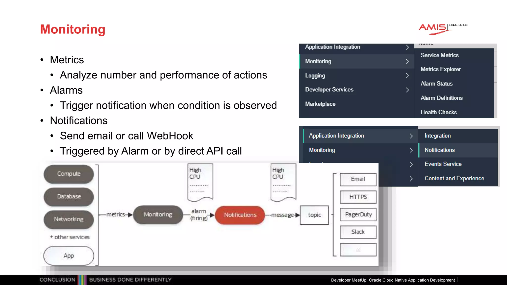 Monitoring
• Metrics
• Analyze number and performance of actions
• Alarms
• Trigger notification when condition is observed
• Notifications
• Send email or call WebHook
• Triggered by Alarm or by direct API call
Developer MeetUp: Oracle Cloud Native Application Development
 