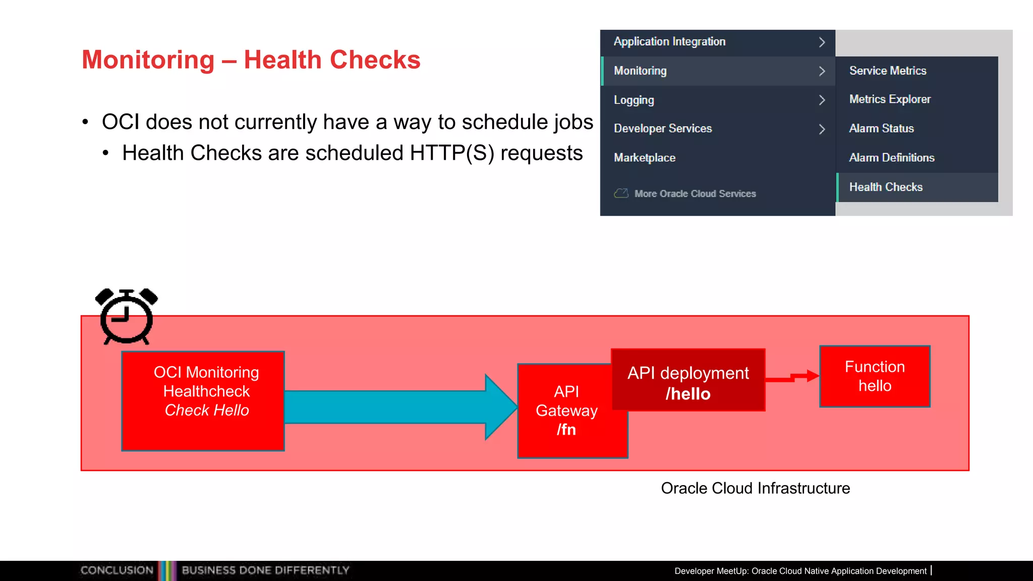 Monitoring – Health Checks
• OCI does not currently have a way to schedule jobs
• Health Checks are scheduled HTTP(S) requests
Developer MeetUp: Oracle Cloud Native Application Development
Oracle Cloud Infrastructure
API
Gateway
/fn
Function
hello
API deployment
/hello
OCI Monitoring
Healthcheck
Check Hello
 