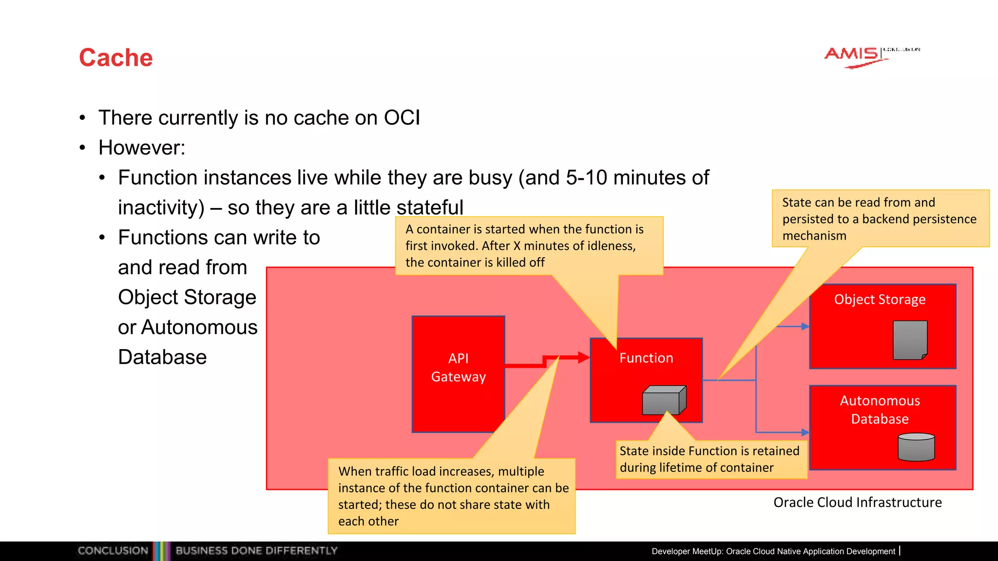 Cache
• There currently is no cache on OCI
• However:
• Function instances live while they are busy (and 5-10 minutes of
inactivity) – so they are a little stateful
• Functions can write to
and read from
Object Storage
or Autonomous
Database
Developer MeetUp: Oracle Cloud Native Application Development
Oracle Cloud Infrastructure
API
Gateway
Function
Object Storage
Autonomous
Database
State inside Function is retained
during lifetime of container
A container is started when the function is
first invoked. After X minutes of idleness,
the container is killed off
State can be read from and
persisted to a backend persistence
mechanism
When traffic load increases, multiple
instance of the function container can be
started; these do not share state with
each other
 