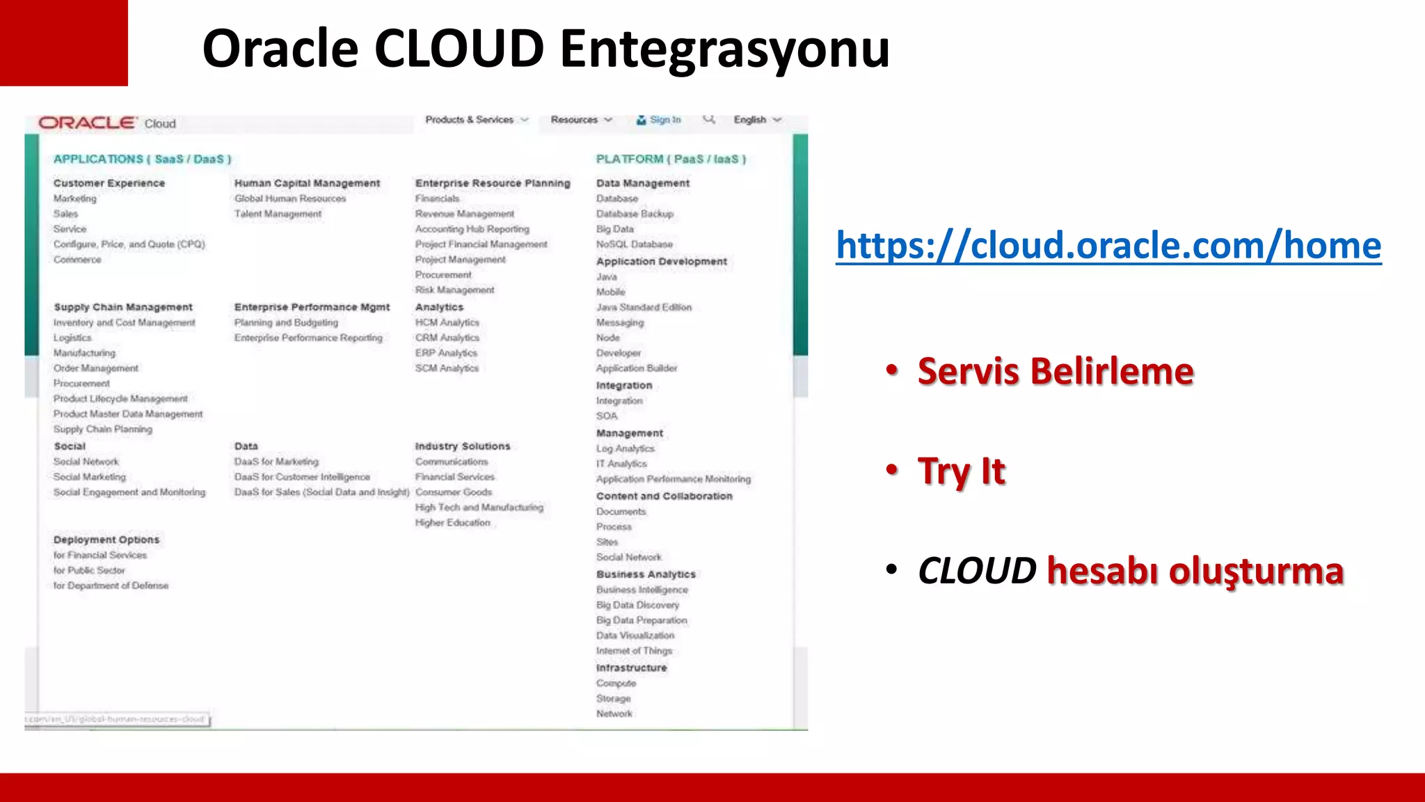 Oracle CLOUD Entegrasyonu
https://cloud.oracle.com/home
• Servis Belirleme
• Try It
• CLOUD hesabı oluşturma
 