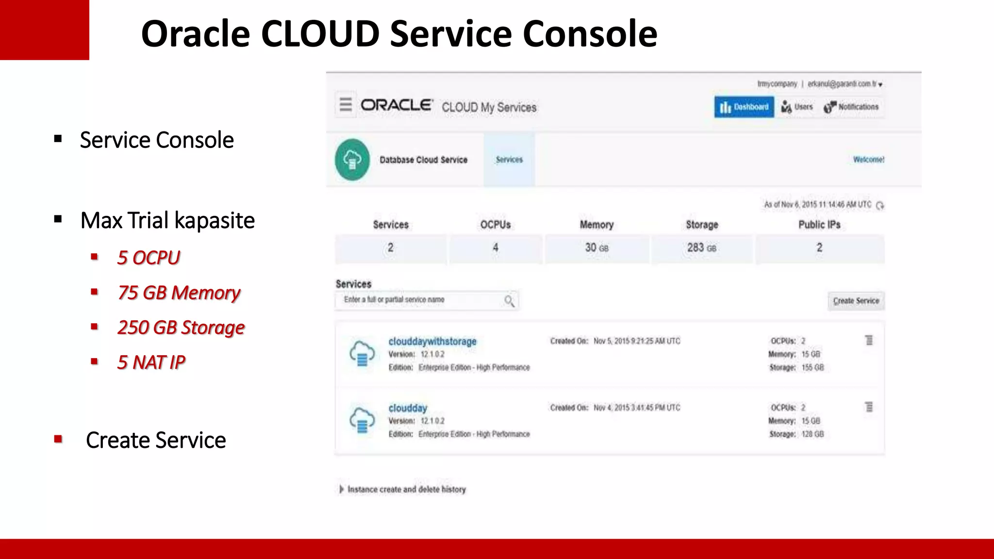 Oracle CLOUD Service Console
 Service Console
 Max Trial kapasite
 5 OCPU
 75 GB Memory
 250 GB Storage
 5 NAT IP
 Create Service
 