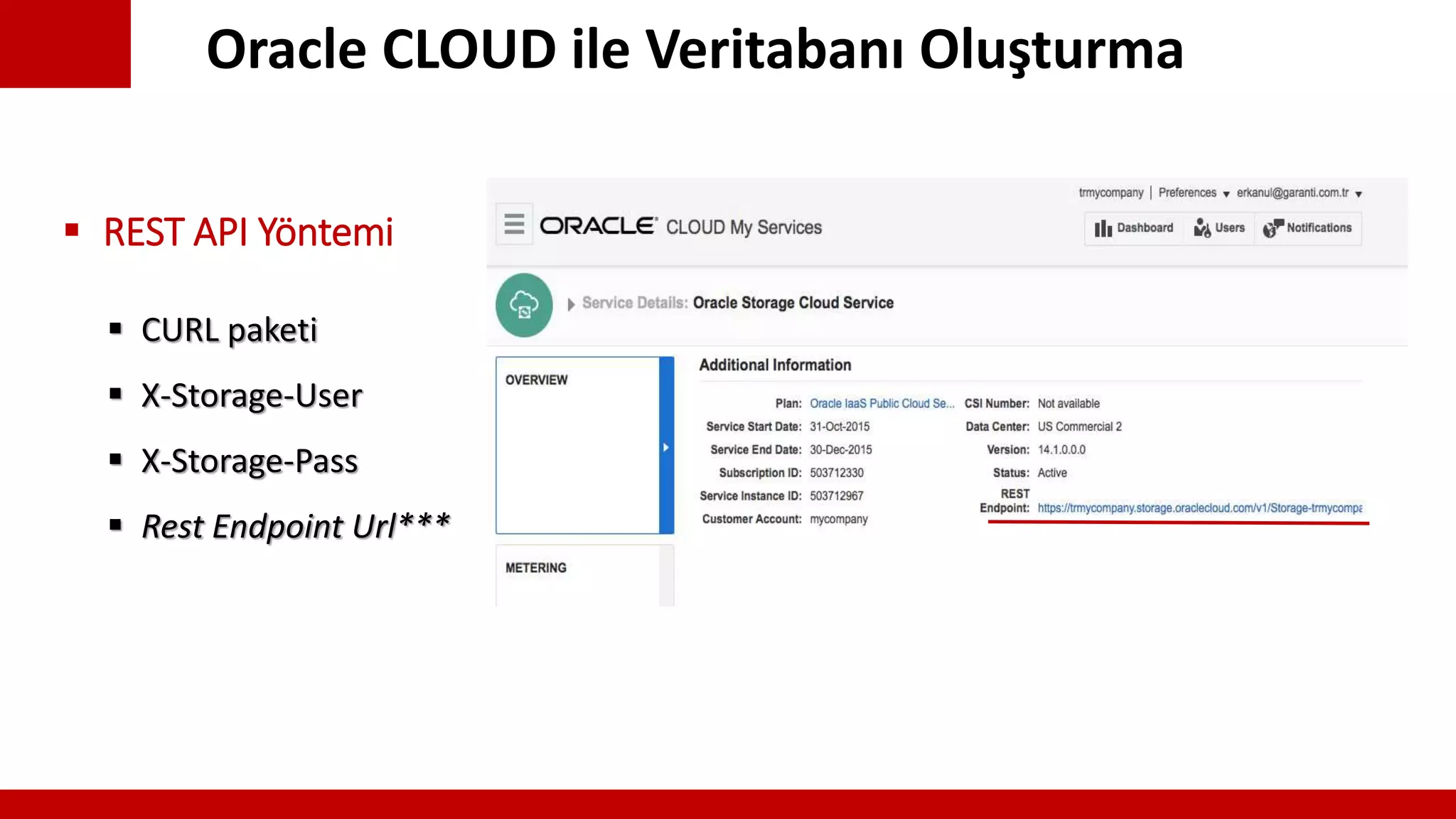 Oracle CLOUD ile Veritabanı Oluşturma
 CURL paketi
 X-Storage-User
 X-Storage-Pass
 Rest Endpoint Url***
 REST API Yöntemi
 