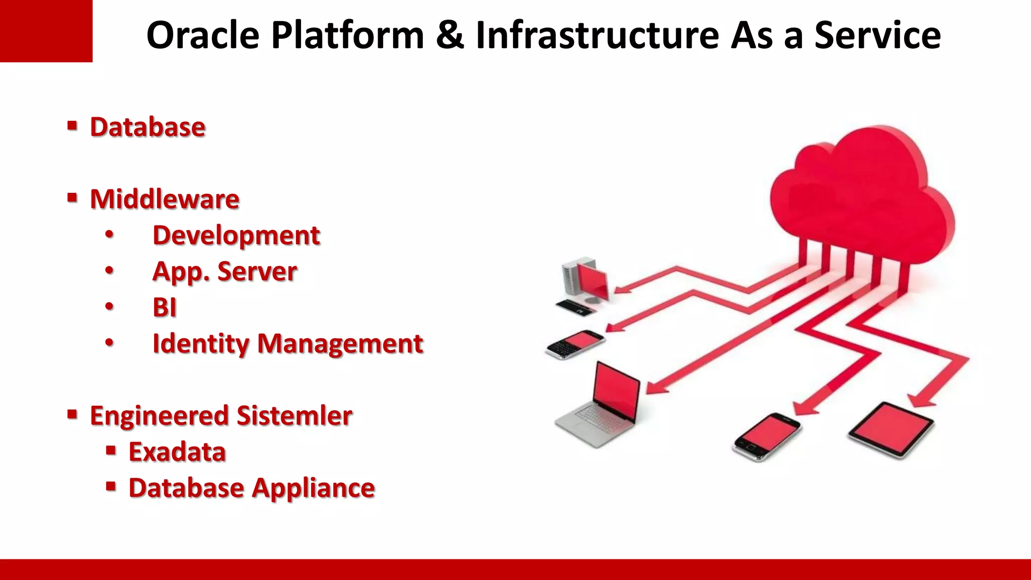 Oracle Platform & Infrastructure As a Service
 Database
 Middleware
• Development
• App. Server
• BI
• Identity Management
 Engineered Sistemler
 Exadata
 Database Appliance
 