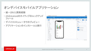 Copyright © 2018, Oracle and/or its affiliates. All rights reserved. |
• 統一された開発経験
• iOSとAndroidのネイティブのルックアンド
フィール
• デバイスエミュレータでのプレビュー
• アプリケーションのインストールと実行
オンデバイスモバイルアプリケーション
17
 