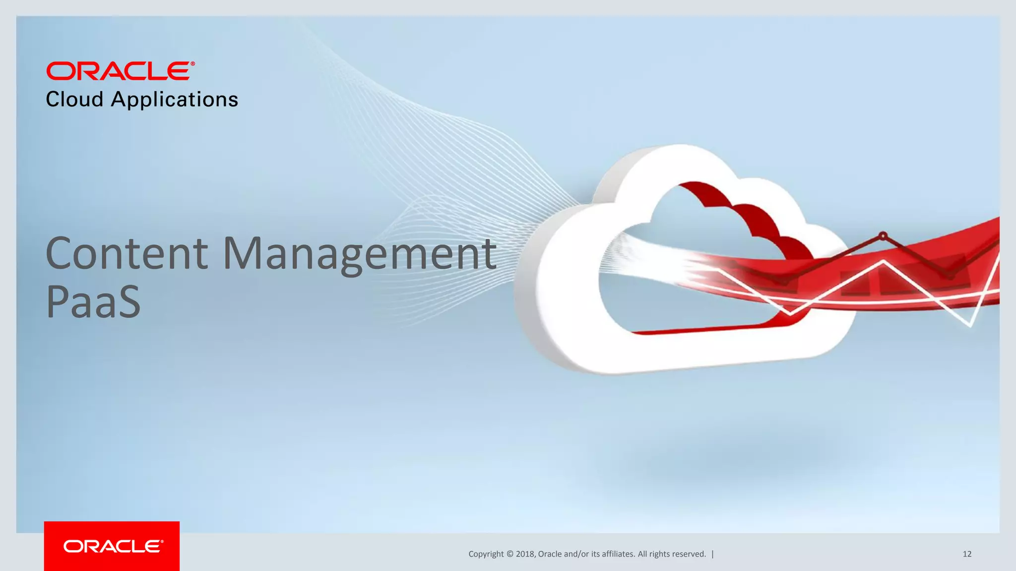 Copyright © 2018, Oracle and/or its affiliates. All rights reserved. |
Content Management
PaaS
12
 