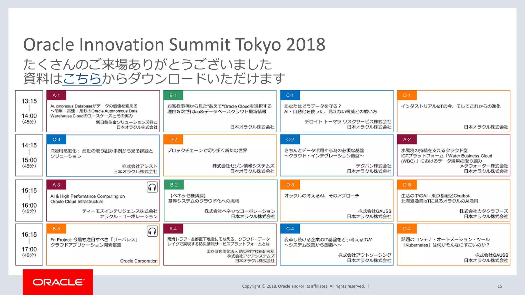 Copyright © 2018, Oracle and/or its affiliates. All rights reserved. |
Oracle Innovation Summit Tokyo 2018
15
たくさんのご来場ありがとうございました
資料はこちらからダウンロードいただけます
 