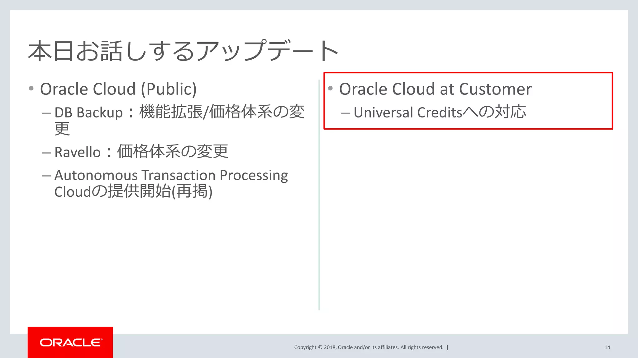Copyright © 2018, Oracle and/or its affiliates. All rights reserved. |
• Oracle Cloud (Public)
– DB Backup：機能拡張/価格体系の変
更
– Ravello：価格体系の変更
– Autonomous Transaction Processing
Cloudの提供開始(再掲)
14
本日お話しするアップデート
• Oracle Cloud at Customer
– Universal Creditsへの対応
 