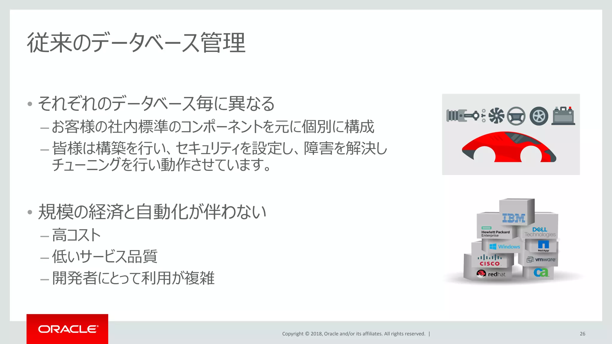 Copyright © 2018, Oracle and/or its affiliates. All rights reserved. |
従来のデータベース管理
• それぞれのデータベース毎に異なる
– お客様の社内標準のコンポーネントを元に個別に構成
– 皆様は構築を行い、セキュリティを設定し、障害を解決し
チューニングを行い動作させています。
• 規模の経済と自動化が伴わない
– 高コスト
– 低いサービス品質
– 開発者にとって利用が複雑
26
 