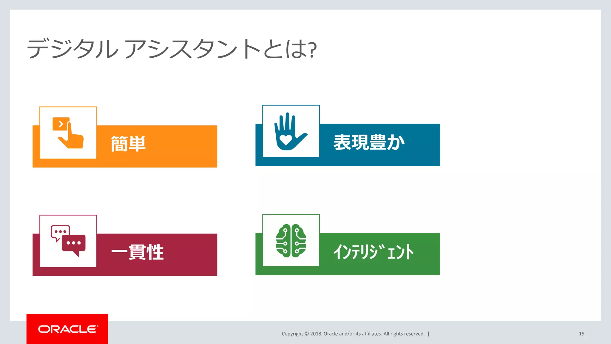 Copyright © 2018, Oracle and/or its affiliates. All rights reserved. |
デジタル アシスタントとは?
簡単
一貫性
表現豊か
ｲﾝﾃﾘｼﾞｪﾝﾄ
15
 